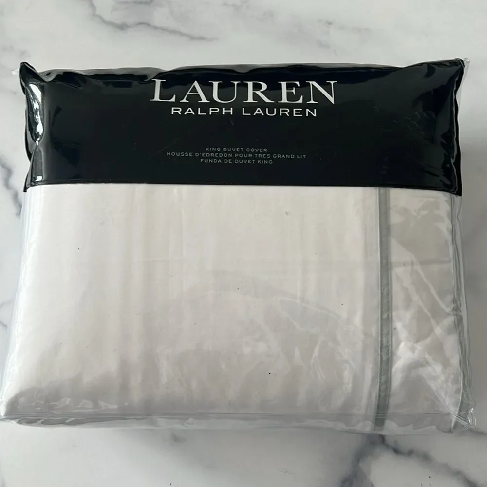 Lauren Ralph Lauren Spencer Sateen Border White Sage King Duvet Cover, NWT